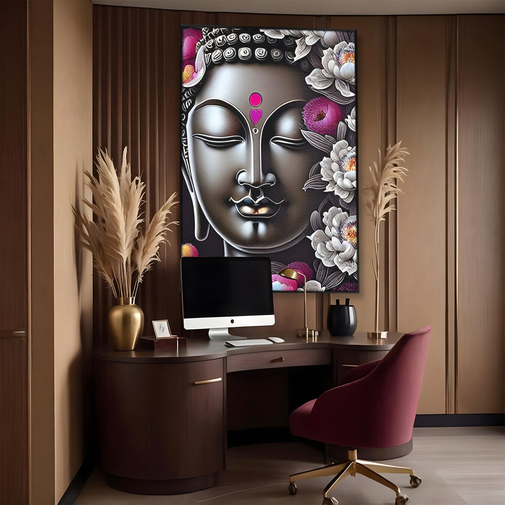 Tablou canvas cu tablou canvas cu chipul lui buddha si flori, in rama de aluminiu negru, pe perete intr-un birou